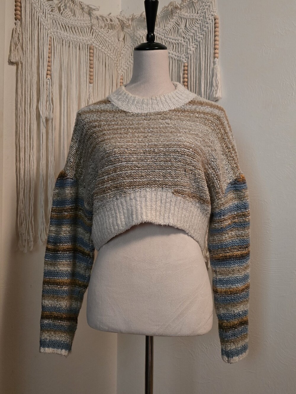 Urban Outfitters Cozy Striped Crop Sweater In Cream, Tan & Blue